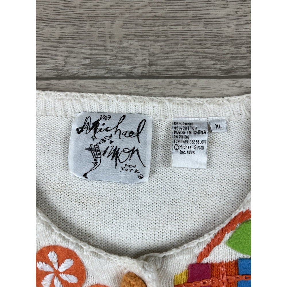 Vintage Michael Simon Cardigan Sweater Size XL Strawberry Flowers Basket Fruit - Picture 2 of 14